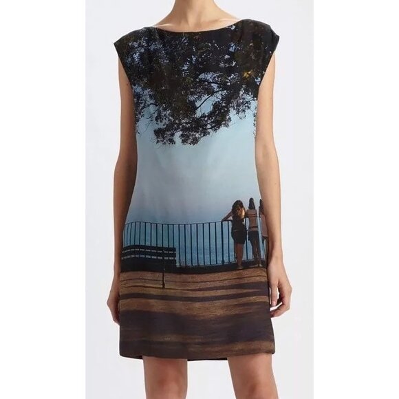 Akris Bella Vista Print Shift Dress Silk Blue Sky Water Landscape Overlook 10 - Picture 1 of 16